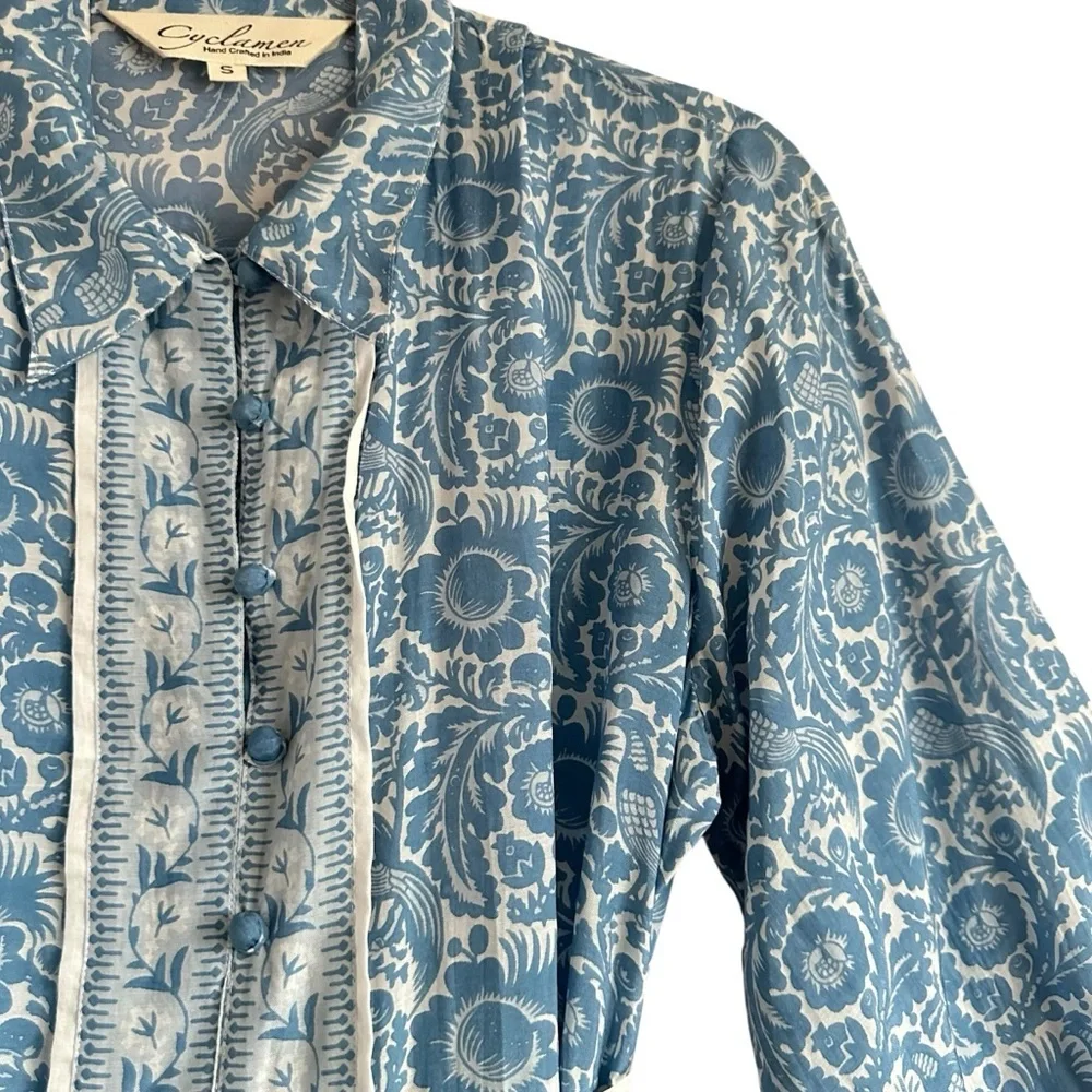 Cyclamen Jaipur Block Print Cotton Midi Dress Blue Peacock Prairie Cottagecore S
